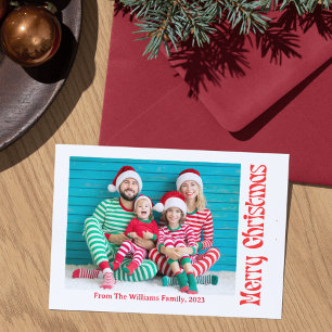 merry christmas retro red script holiday photo card