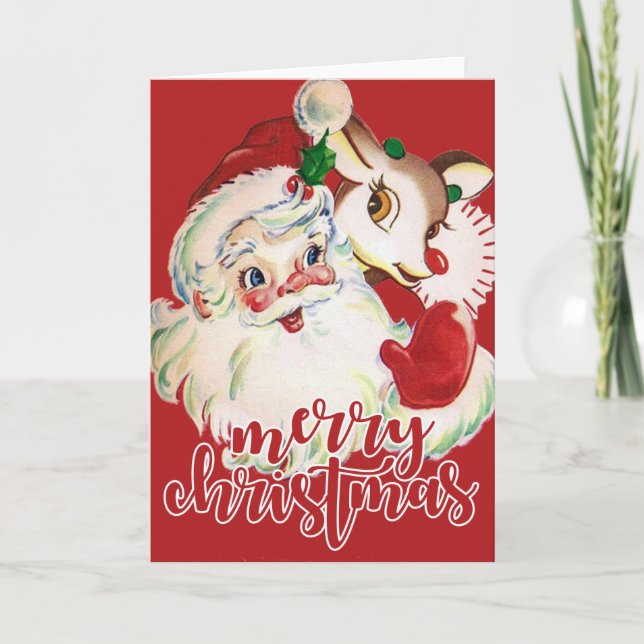 Merry Christmas | Retro Santa Claus & Rudolf Holiday Card (Front)