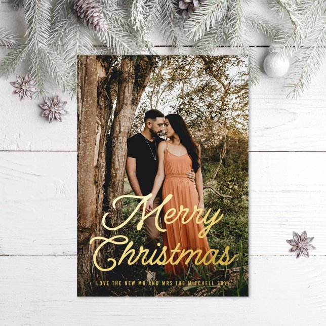 Merry Christmas Retro Script Foil Holiday Card (Creator Uploaded)