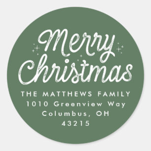 Merry Christmas retro script green return address Classic Round Sticker