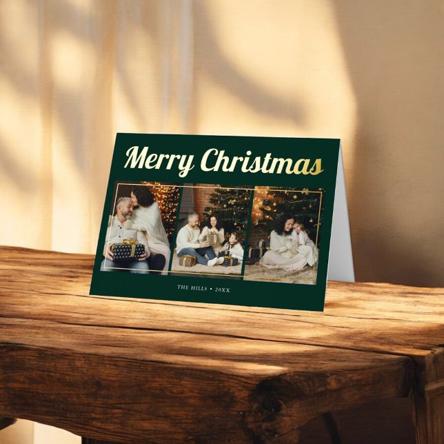 Merry Christmas Retro Script Photo Green Foil Greeting Card (Creator Uploaded)