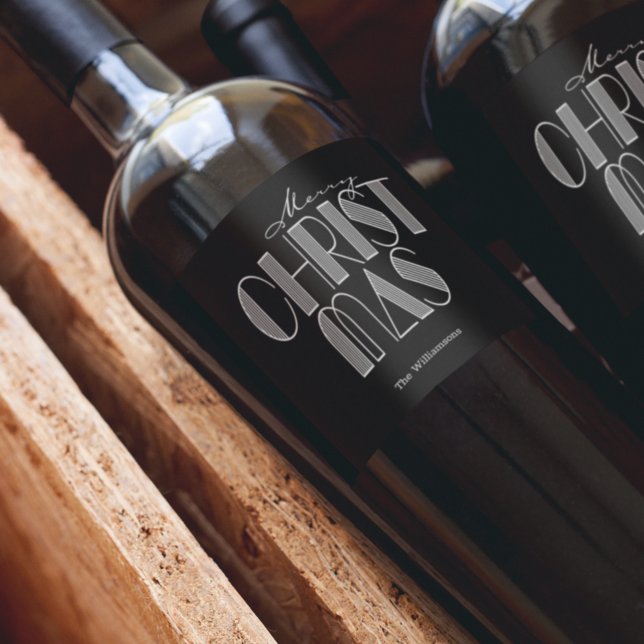 Merry Christmas Retro Typography Black Wine Label (Creator Uploaded)