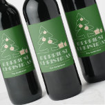 Merry Christmas Retro Typography Green Wine Label<br><div class="desc">The words Merriest Christmas in retro vintage lettering,  a white sketch tree with faux gold foil ornaments and gifts are featured on these green wine bottle labels personalized with your family name. Stylish for any Christmas holiday occasion or give as a gifts. MATCHING items in our store.</div>