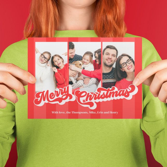 Merry Christmas Retro Typography Multi Three Photo Holiday Postcard (A basic postcard template with three photo layout.)