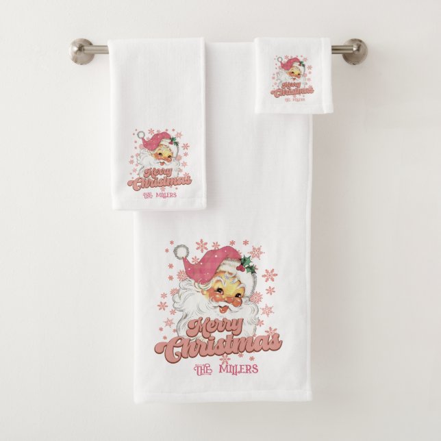 Merry Christmas Retro Typography Santa Pink Hat Bath Towel Set (Insitu)
