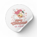 Merry Christmas Retro Typography Santa Pink Hat Classic Round Sticker<br><div class="desc">Merry Christmas pink retro typography with a santa claus with a pink hat.</div>