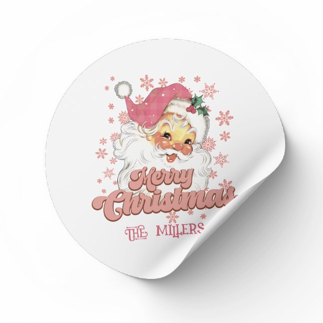 Merry Christmas Retro Typography Santa Pink Hat Classic Round Sticker (Creator Uploaded)