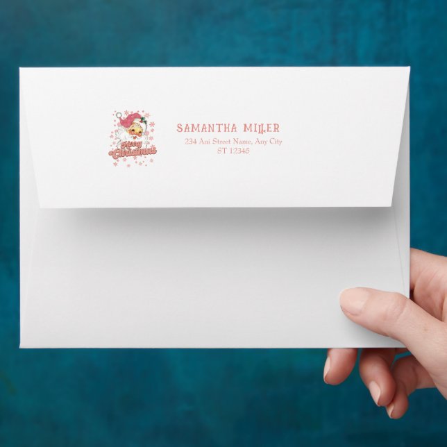 Merry Christmas Retro Typography Santa Pink Hat Envelope (Hand)