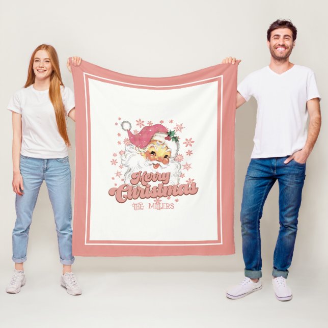 Merry Christmas Retro Typography Santa Pink Hat Fleece Blanket (In Situ)