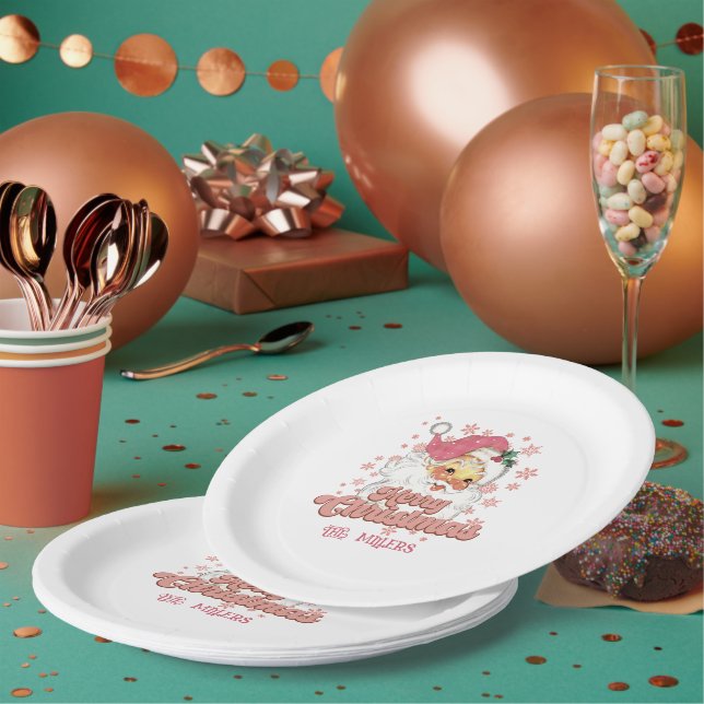 Merry Christmas Retro Typography Santa Pink Hat Paper Plate (Multi)