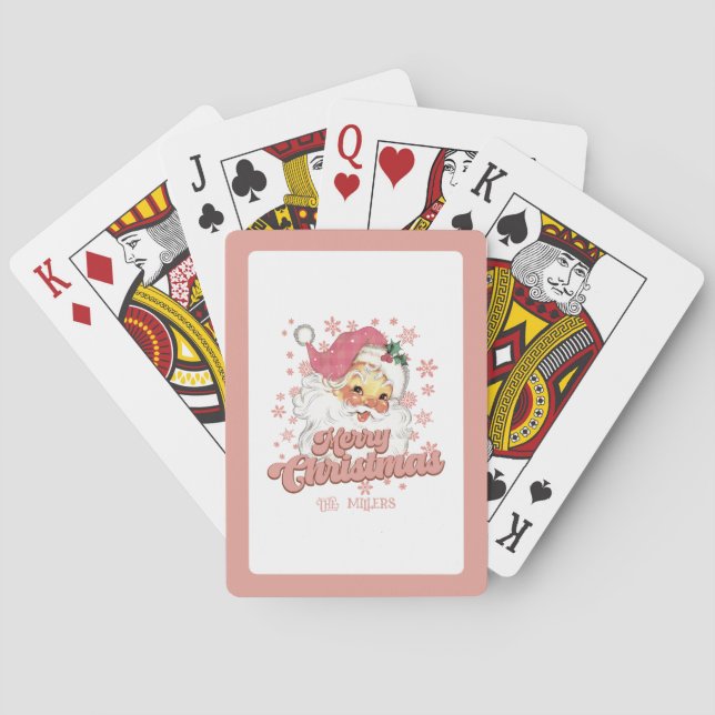Merry Christmas Retro Typography Santa Pink Hat Playing Cards (Back)