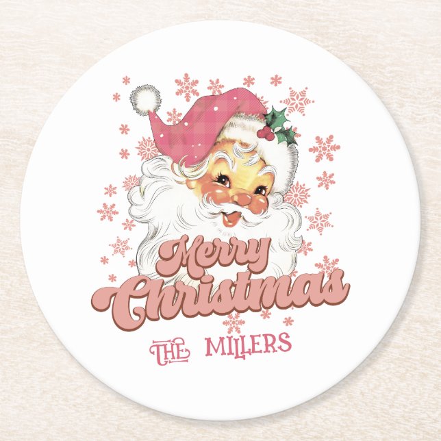 Merry Christmas Retro Typography Santa Pink Hat Round Paper Coaster (Front)