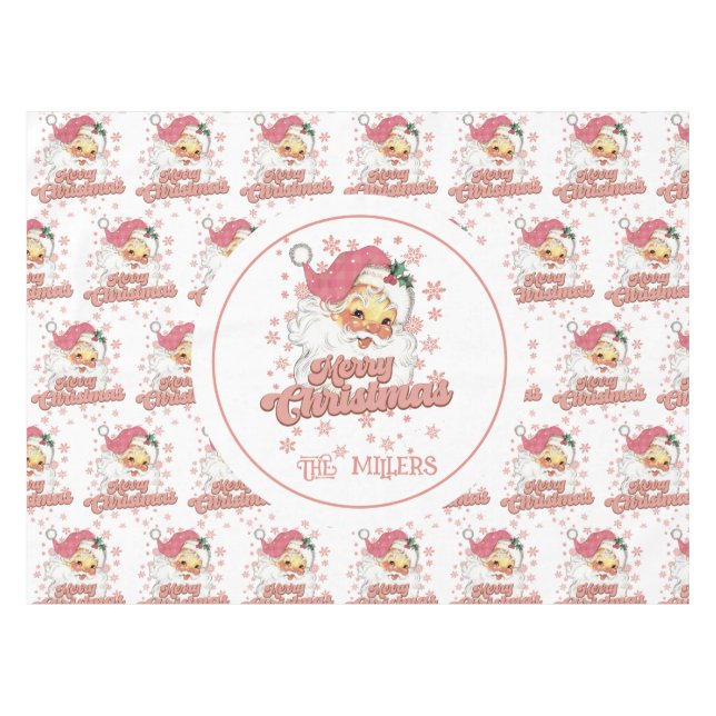 Merry Christmas Retro Typography Santa Pink Hat Tablecloth (Front (Horizontal))