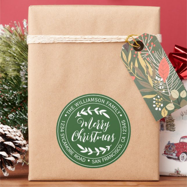 Merry Christmas Return Address Green Classic Round Sticker (Holiday)