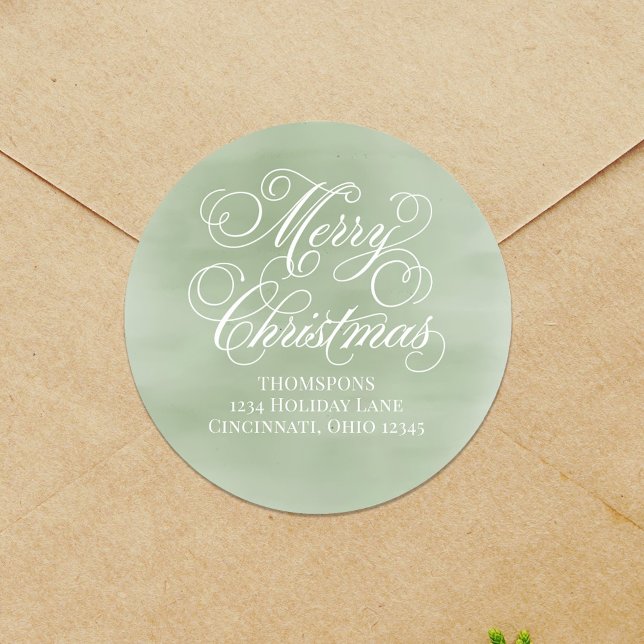 Merry Christmas Return Address Green Script Classic Round Sticker (Merry Christmas calligraphy script return address label.)