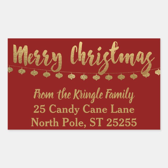 Merry Christmas Return Address Red Gold Sticker (Front)