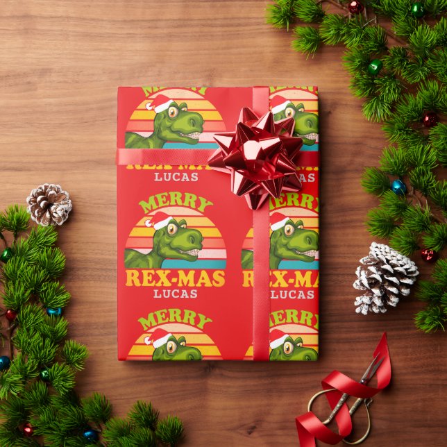 Merry Christmas Rex-mas Dinosaur Personalized Name Wrapping Paper (Holiday Gift)