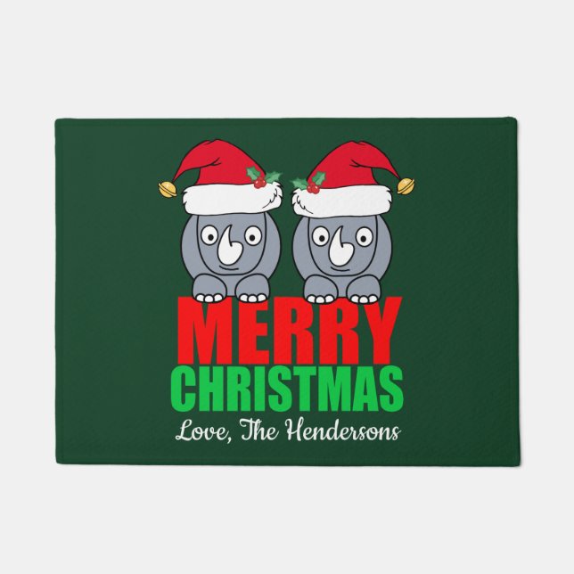 Merry Christmas Rhino Cute Custom Doormat (Front)