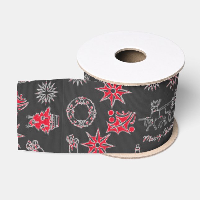 Merry Christmas Ribbon Santa Star Black Red Grosgrain Ribbon (Spool)