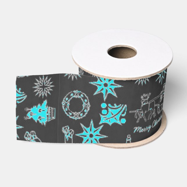 Merry Christmas Ribbon Santa Star Black Turquoise Grosgrain Ribbon (Spool)