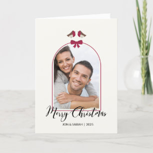 Merry Christmas Robins and Red Bow Arched Holiday Card