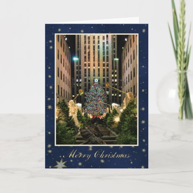 Merry Christmas: Rock Center, Blue Starry Sky Holiday Card (Front)