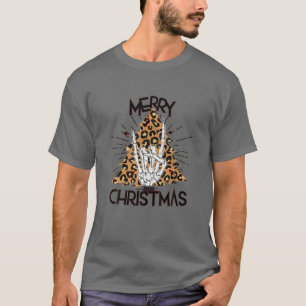 Merry Christmas Rock N Roll Hand Sign Leopard Chri T-Shirt