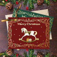 Merry Christmas Rocking Horse Gold Foil Postcard 