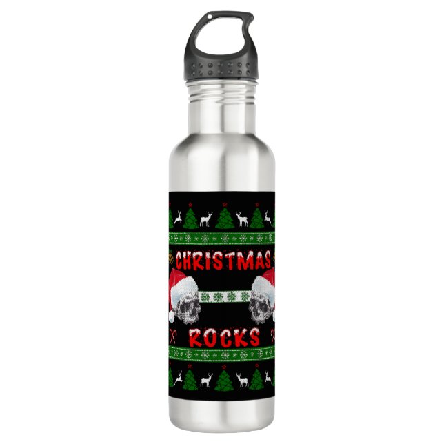 Merry Christmas ROCKS Ugly Christmas Sweater 710 Ml Water Bottle (Front)