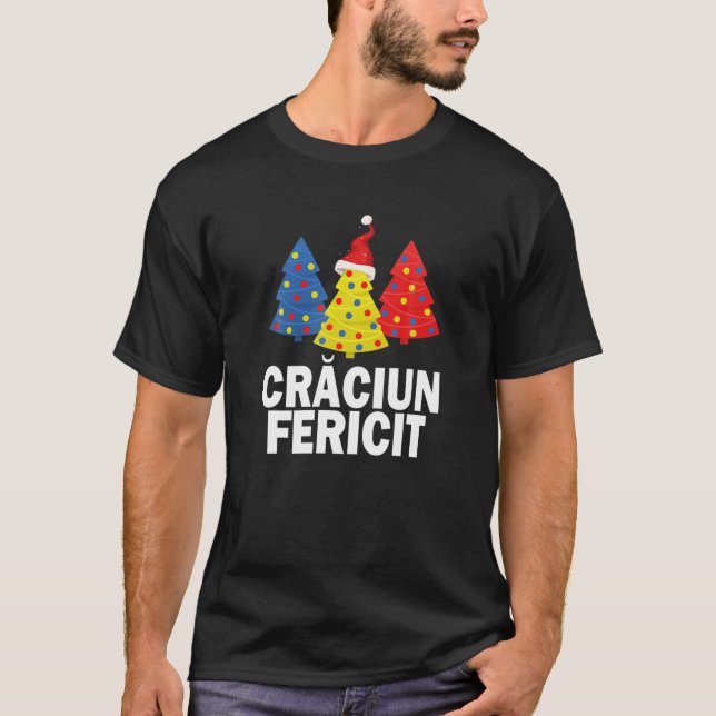 Merry Christmas Romanian Tree Romania Lovers Flag T-Shirt (Front)