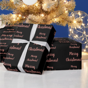 Merry Christmas Rose Gold Black Script Typography Wrapping Paper
