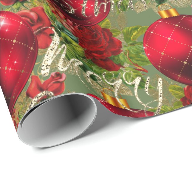 Merry Christmas Rose Gold Glitter Script Red Green Wrapping Paper (Roll Corner)