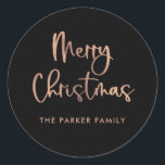 Merry Christmas | Rose Gold on Black Casual Script Classic Round Sticker<br><div class="desc">These simple and stylish,  faux rose gold and black holiday stickers say "Merry Christmas" in modern,  casual script typography.</div>