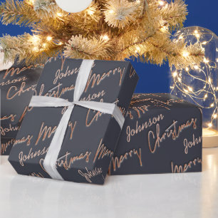 Merry Christmas Rose Gold Script From Name Grey  Wrapping Paper
