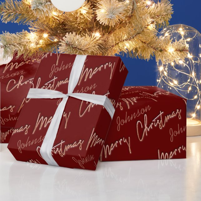 Merry Christmas Rose Gold Script Name Burgundy Wrapping Paper (Holidays)