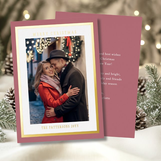 Merry Christmas Rose Gold Simple Modern Photo Foil Holiday Card (Creator Uploaded)