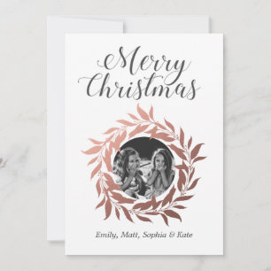 Merry Christmas Rose Gold Wreath Photo Holiday Card