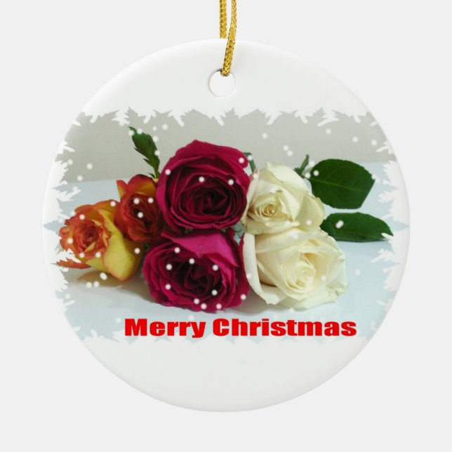 Merry Christmas Roses Ceramic Ornament (Front)