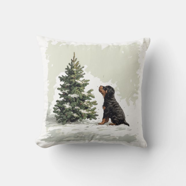 Merry Christmas Rottweiler Dog Christmas Tree Throw Pillow (Front)
