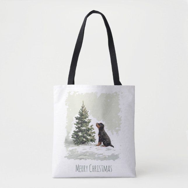 Merry Christmas Rottweiler Dog Christmas Tree Tote Bag (Front)