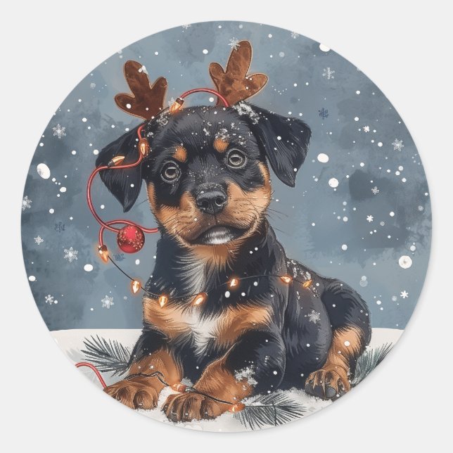 Merry Christmas Rottweiler Dog Reindeer Classic Round Sticker (Front)