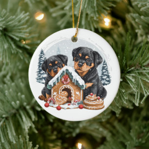 Merry Christmas Rottweiler Dogs Gingerbread House Ceramic Ornament