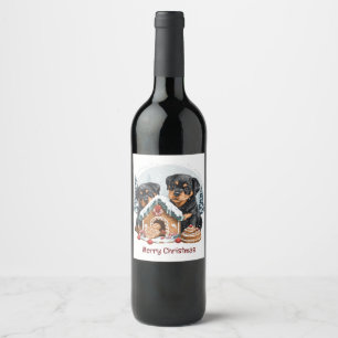 Merry Christmas Rottweiler Dogs Gingerbread House Wine Label