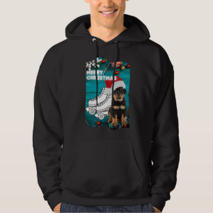 Merry Christmas Rottweiler Puppy With Roller Skate Hoodie