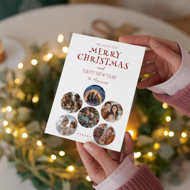 Merry Christmas Round Custom Photos Holiday Card (Creator Uploaded)