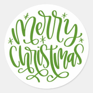 Merry Christmas Round Green Script Stickers