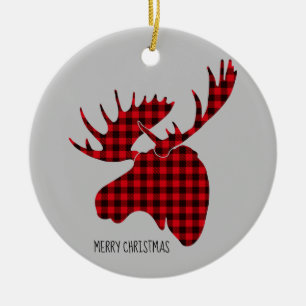 Merry Christmas Round Ornament-Plaid Moose Ceramic Ornament