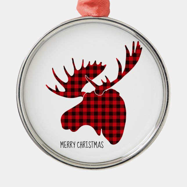 Merry Christmas Round Ornament-Plaid Moose Metal Ornament (Front)