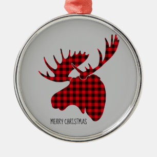Merry Christmas Round Ornament-Plaid Moose Metal Ornament