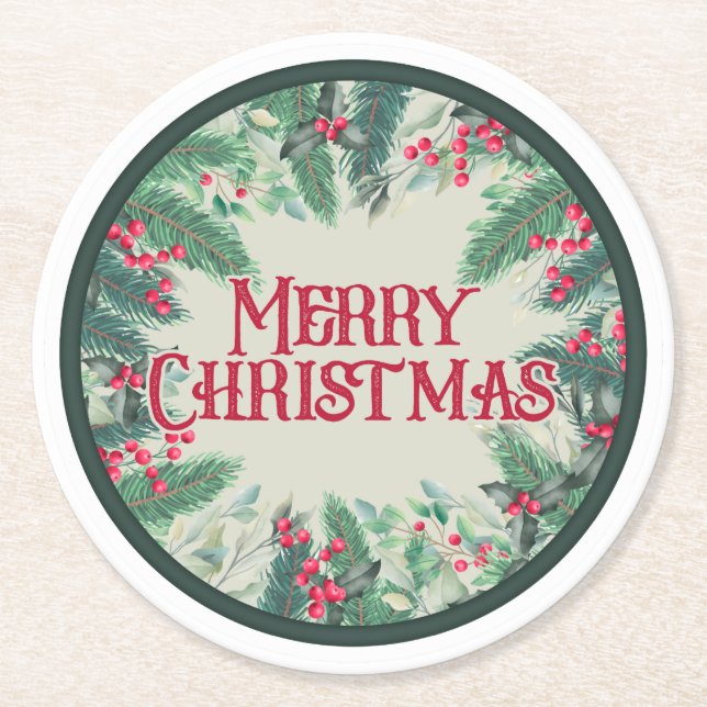 Merry Christmas Round Paper Coaster (Front)